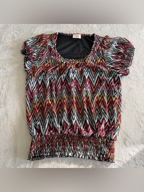 Lavish Zigzag Multicolor Puff Sleeve Blouse - Black, Red, Gold